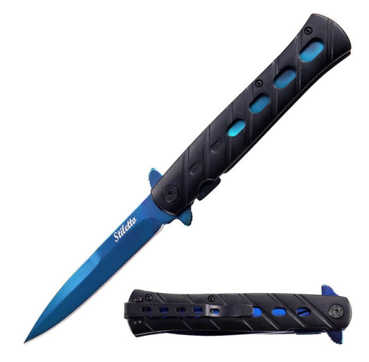 9” blue stiletto spring assisted pocket knife